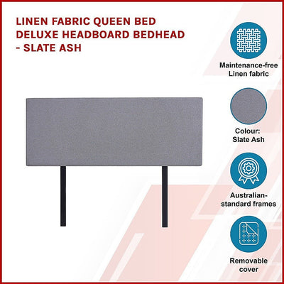 Linen Fabric Queen Bed Deluxe Headboard Bedhead - Slate Ash Payday Deals