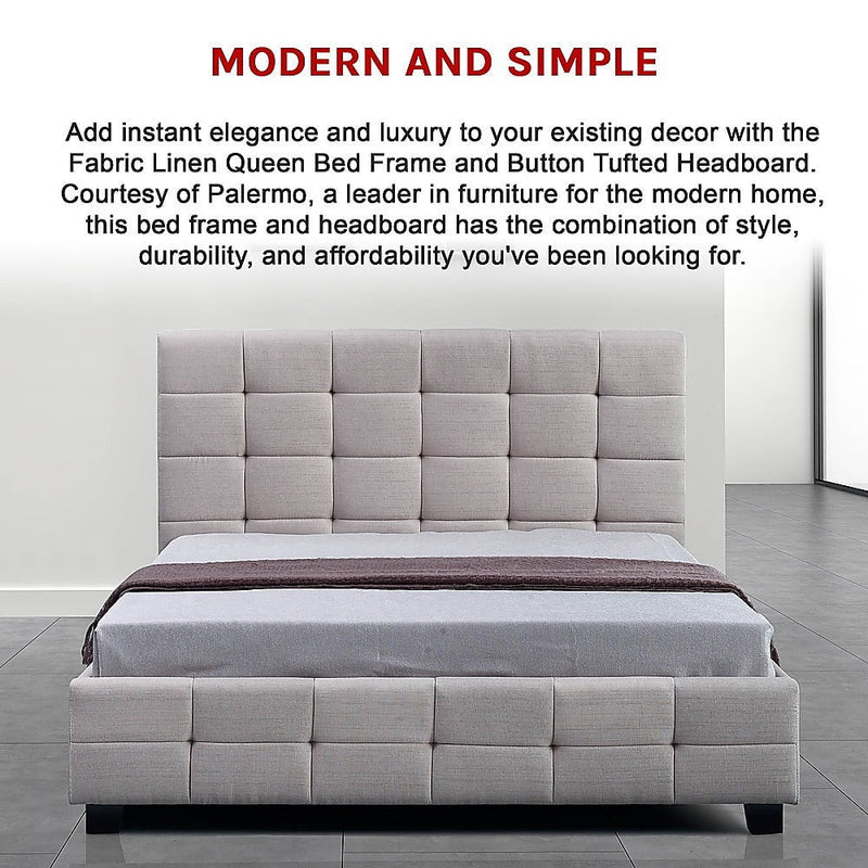 Linen Fabric Queen Deluxe Bed Frame Beige Payday Deals