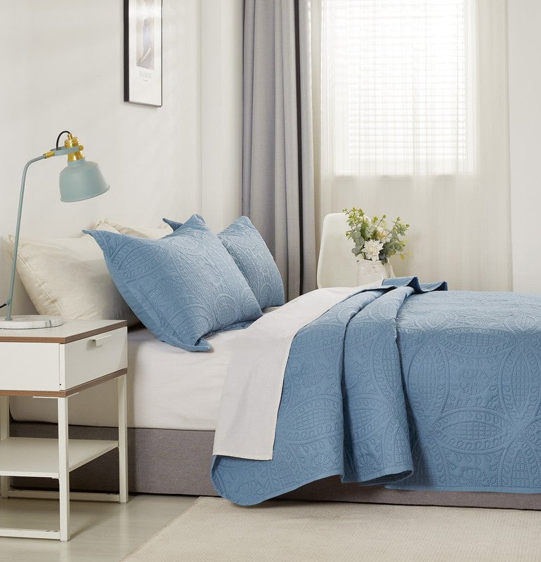 Lisbon Quilted 3 Pieces Embossed Coverlet Set-queen/double blue Payday Deals