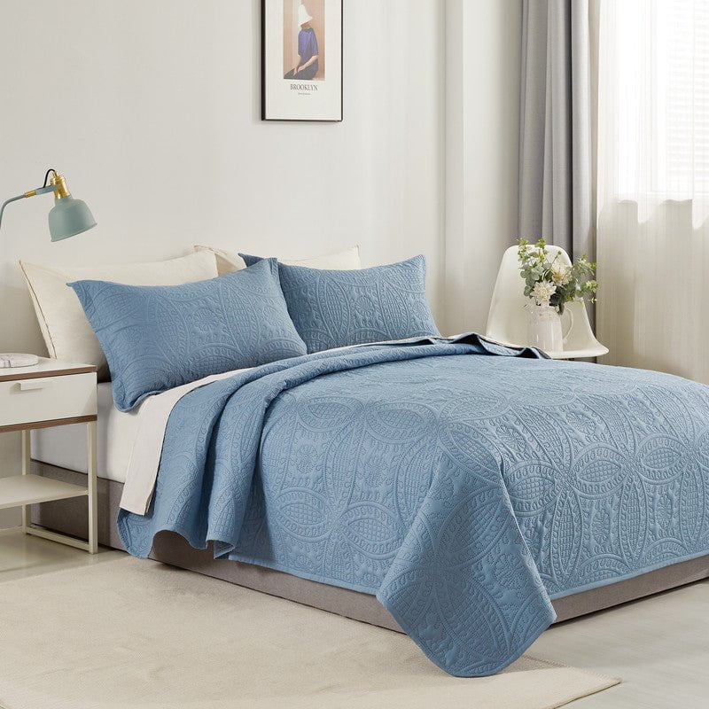 Lisbon Quilted 3 Pieces Embossed Coverlet Set-queen/double blue Payday Deals