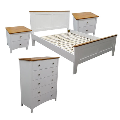 Lobelia 4pc Double Bed Suite Bedside Tallboy Bedroom Furniture Package - White Payday Deals