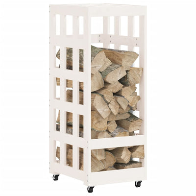 Log Holder with Wheels White 40x49x110 cm Solid Wood Pine Payday Deals