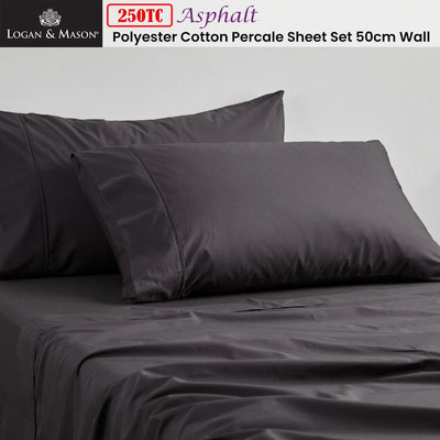 Logan and Mason 250TC 50% Polyester 50% Cotton Percale Sheet Set Asphalt 50cm Wall King Payday Deals