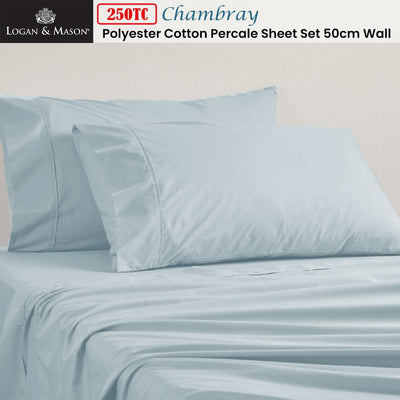 Logan and Mason 250TC 50% Polyester 50% Cotton Percale Sheet Set Chambray 50cm Wall Queen Payday Deals