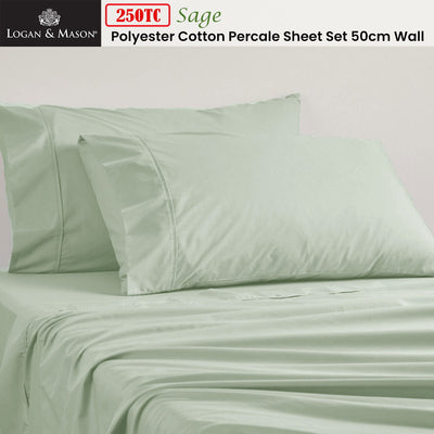 Logan and Mason 250TC 50% Polyester 50% Cotton Percale Sheet Set Sage 50cm Wall King Payday Deals