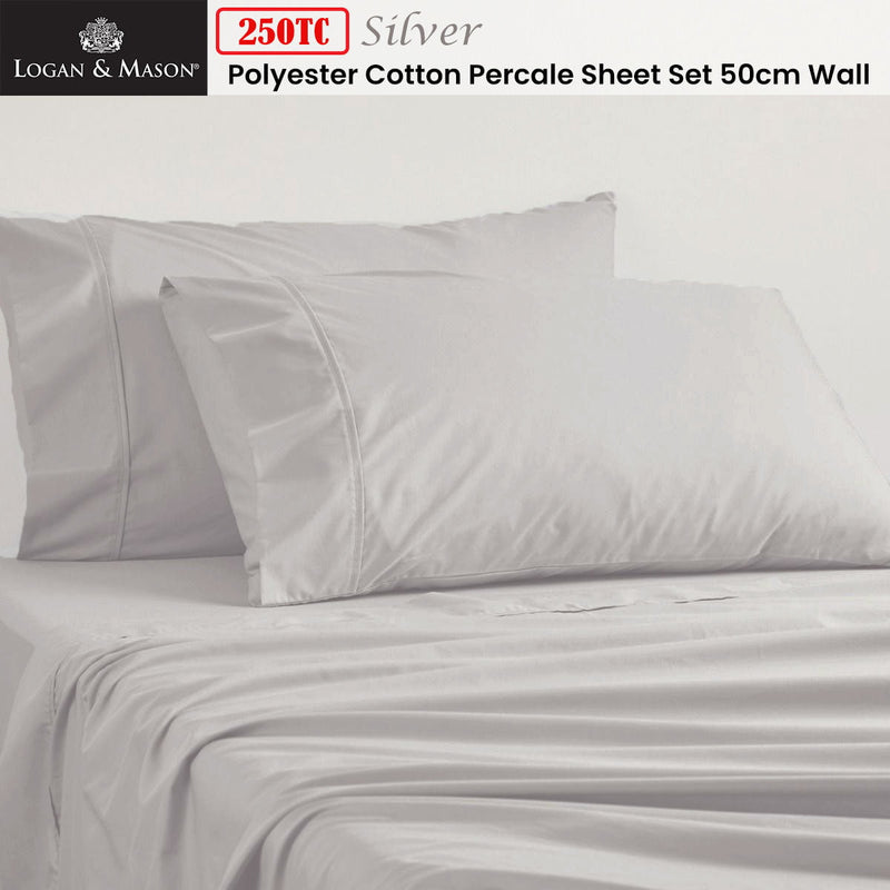 Logan and Mason 250TC 50% Polyester 50% Cotton Percale Sheet Set Silver 50cm Wall Queen Payday Deals