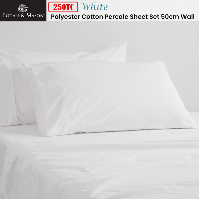 Logan and Mason 250TC 50% Polyester 50% Cotton Percale Sheet Set White 50cm Wall King Single Payday Deals