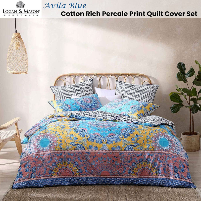 Logan and Mason Avila Blue Cotton Rich Percale Reversible Quilt Cover Set King Payday Deals