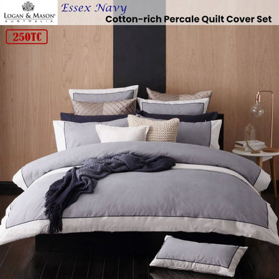 Logan and Mason Essex Navy Cotton-rich Percale Print Quilt Cover Set Super King Payday Deals