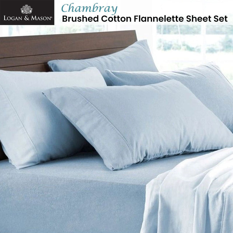 Logan and Mason Soft Brushed Cotton Flannelette Sheet Set Chambray 40cm Wall King Payday Deals