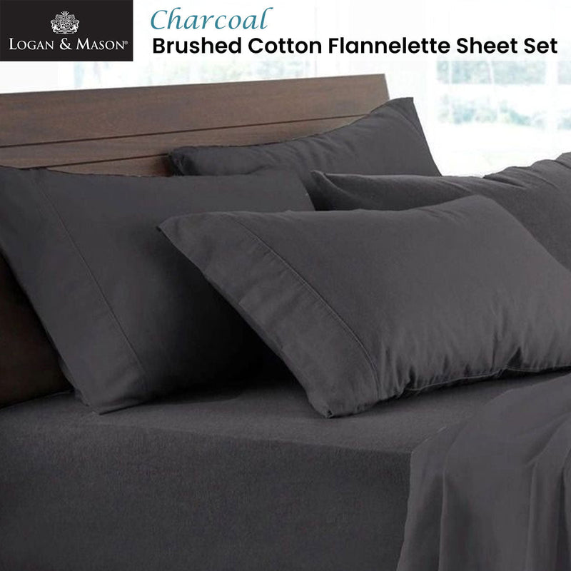 Logan and Mason Soft Brushed Cotton Flannelette Sheet Set Charcoal 40cm Wall King Payday Deals