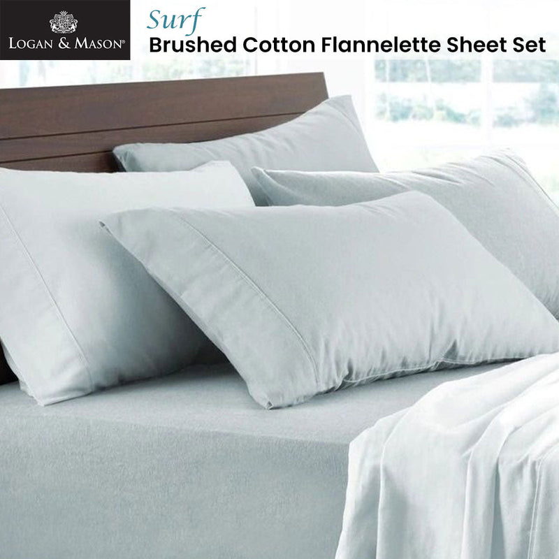 Logan and Mason Soft Brushed Cotton Flannelette Sheet Set Surf 40cm Wall Queen Payday Deals