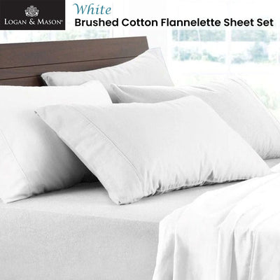 Logan and Mason Soft Brushed Cotton Flannelette Sheet Set White 40cm Wall King Payday Deals