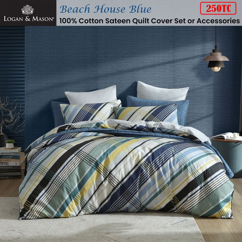 Logan & Mason Beach House Blue 250TC 100% Cotton Sateen Quilt Cover Set King Payday Deals