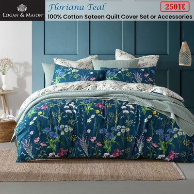 Logan & Mason Floriana Teal 250TC 100% Cotton Sateen Quilt Cover Set Super King Payday Deals