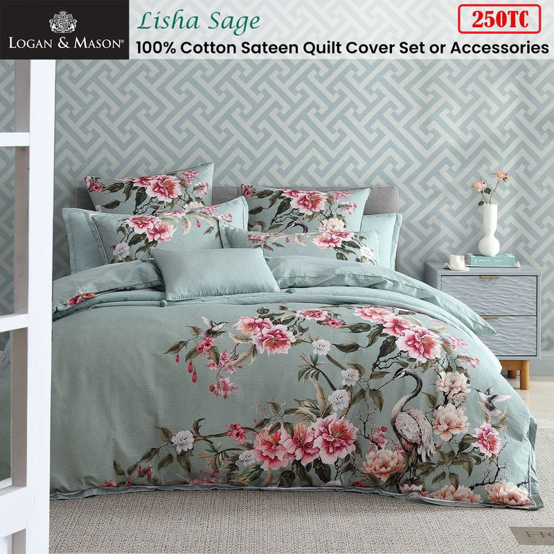 Logan & Mason Lisha Sage 250TC 100% Cotton Sateen Quilt Cover Set King Payday Deals