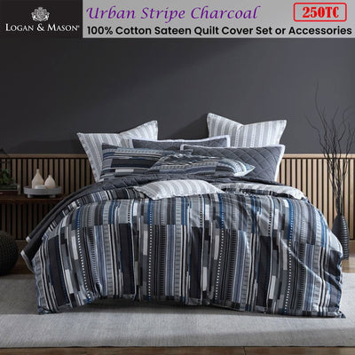 Logan & Mason Urban Stripe Charcoal 250TC 100% Cotton Sateen Quilt Cover Set King Payday Deals