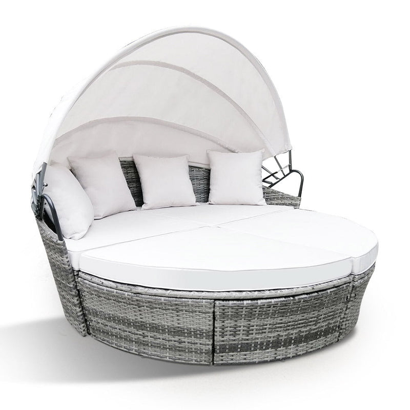 LONDON RATTAN 3PC Outdoor Daybed Patio Rattan Sofa Sun Lounge Furniture Grey Wicker Off White Canopy Payday Deals