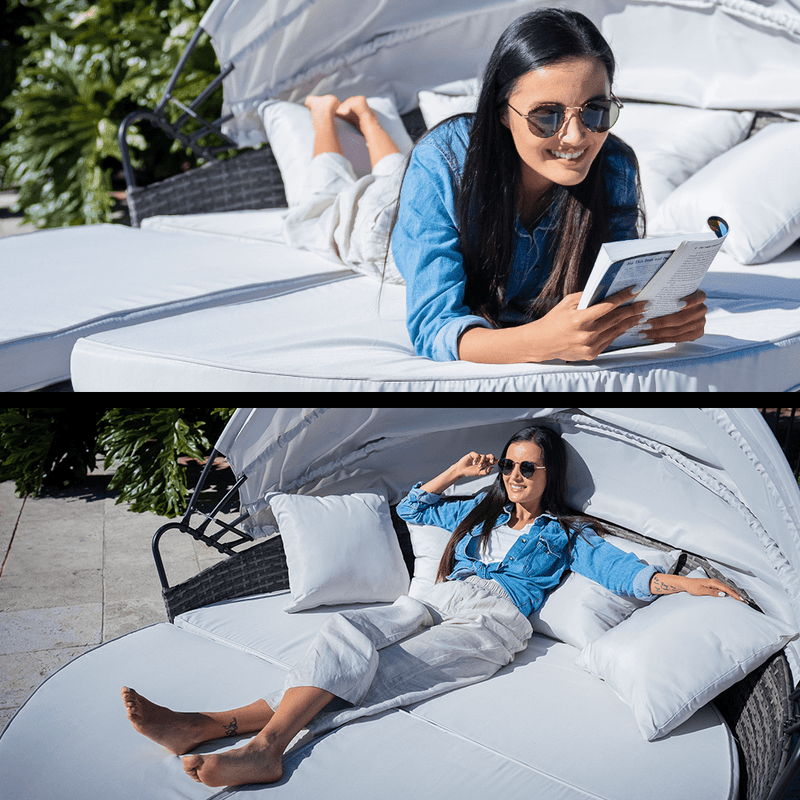 LONDON RATTAN 3PC Outdoor Daybed Patio Rattan Sofa Sun Lounge Furniture Grey Wicker Off White Canopy Payday Deals