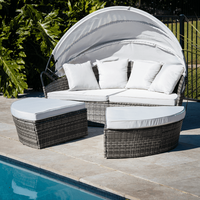 LONDON RATTAN 3PC Outdoor Daybed Patio Rattan Sofa Sun Lounge Furniture Grey Wicker Off White Canopy Payday Deals