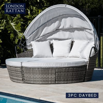 LONDON RATTAN 3PC Outdoor Daybed Patio Rattan Sofa Sun Lounge Furniture Grey Wicker Off White Canopy Payday Deals