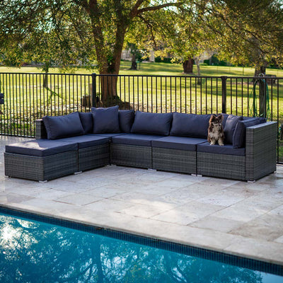 LONDON RATTAN 6 Seater Modular Outdoor Lounge Setting with Ottoman, Grey Payday Deals