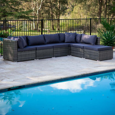 LONDON RATTAN 6 Seater Modular Outdoor Lounge Setting with Ottoman, Grey Payday Deals