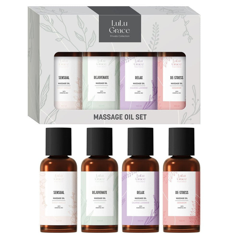 Lulu Grace Massage Oil Value Pack Geranium, Peppermint, Vanilla, Lavender 4 x 100 ml Payday Deals