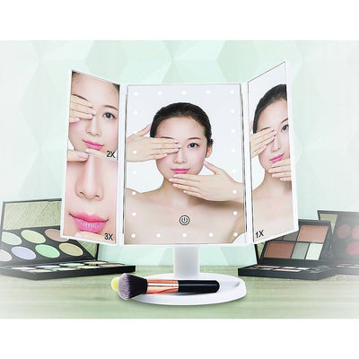 Makeup Mirror With LED Light Standing Mirror Magnifying Tri-Fold Touch Payday Deals