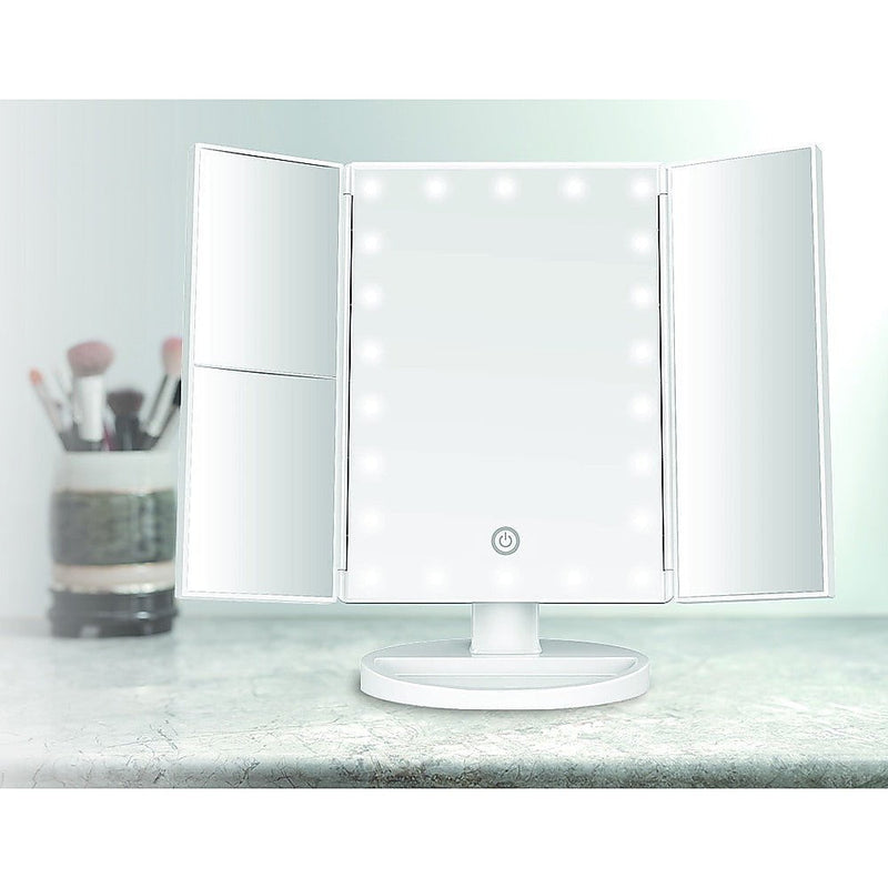 Makeup Mirror With LED Light Standing Mirror Magnifying Tri-Fold Touch Payday Deals