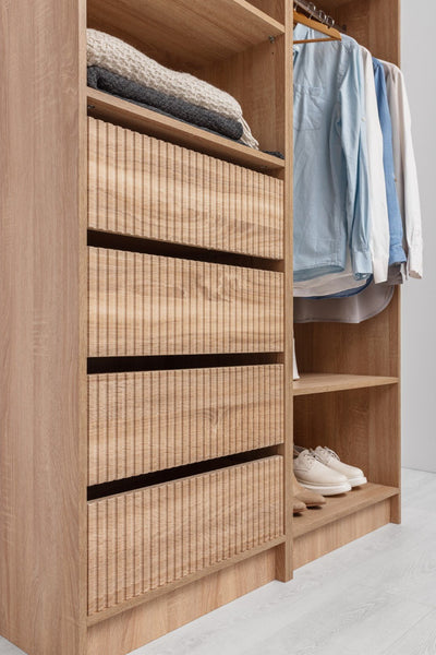 MALMO THREE SHELF/FOUR DRAWER WALK IN WARDROBE - FLUTED - NATURAL OAK Payday Deals