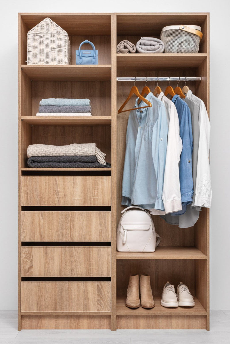 MALMO THREE SHELF/FOUR DRAWER WALK IN WARDROBE - SLIM SHAKER - NATURAL OAK Payday Deals