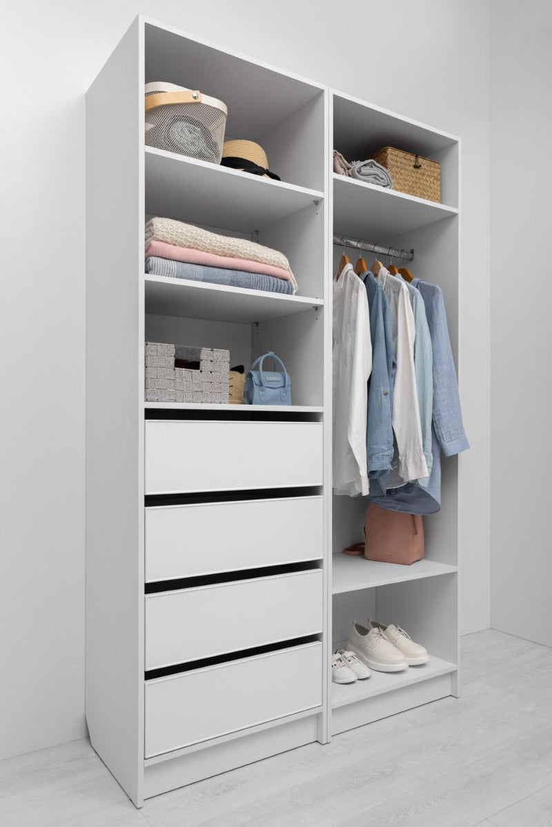 MALMO THREE SHELF/FOUR DRAWER WALK IN WARDROBE - SLIM SHAKER - WHITE Payday Deals