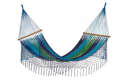 Mayan Legacy Queen Size Outdoor Cotton Mexican Resort Hammock With Fringe in Oceanica Colour