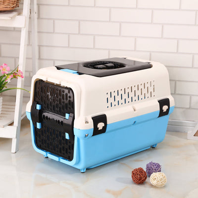 Medium Dog Cat Crate Pet Rabbit Carrier Travel Cage With Tray & Window Blue