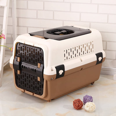Medium Dog Cat Crate Pet Rabbit Carrier Travel Cage With Tray & Window Brown