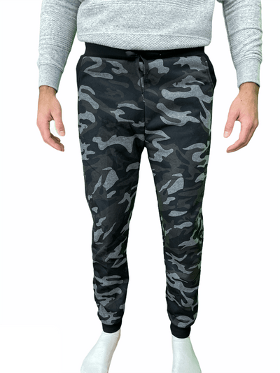 Mens Camouflage Track Pants Fleece Lined Jogger Camo Sweatpants Trackies - Black/Grey