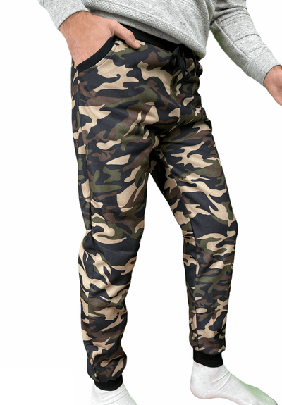 Mens Camouflage Track Pants Fleece Lined Jogger Camo Sweatpants Trackies - Green