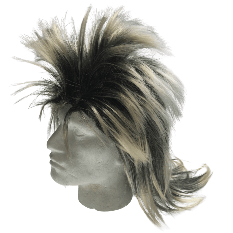 Mens Long SPIKY Wig Rock Punk 80s Fancy Dress Costume Bogan Mullet Spikey - Black/Blonde Payday Deals