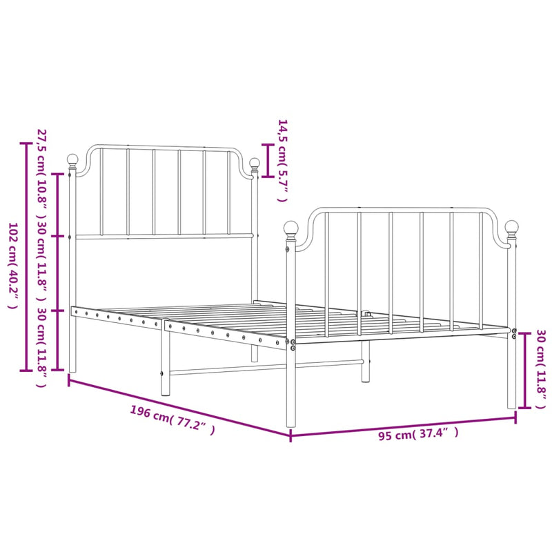 Metal Bed Frame with Headboard and Footboard Black 92x187 cm Single Size Payday Deals