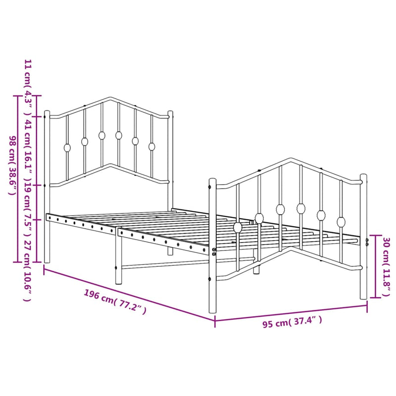 Metal Bed Frame with Headboard and Footboard White 92x187 cm Single Size Payday Deals