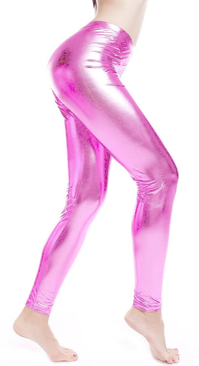 Metallic Leggings Stretchy Pants Neon Fluro Shiny Glossy Dress Up Dance Party - Light Pink Payday Deals