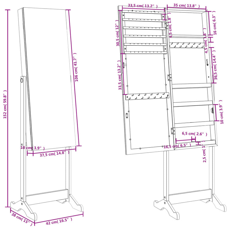 Mirror Jewellery Cabinet Free Standing White 42x38x152 cm Payday Deals