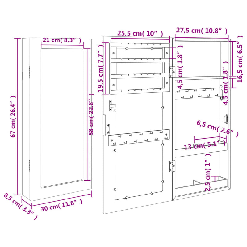 Mirror Jewellery Cabinet Wall Mounted White 30x8.5x67 cm Payday Deals