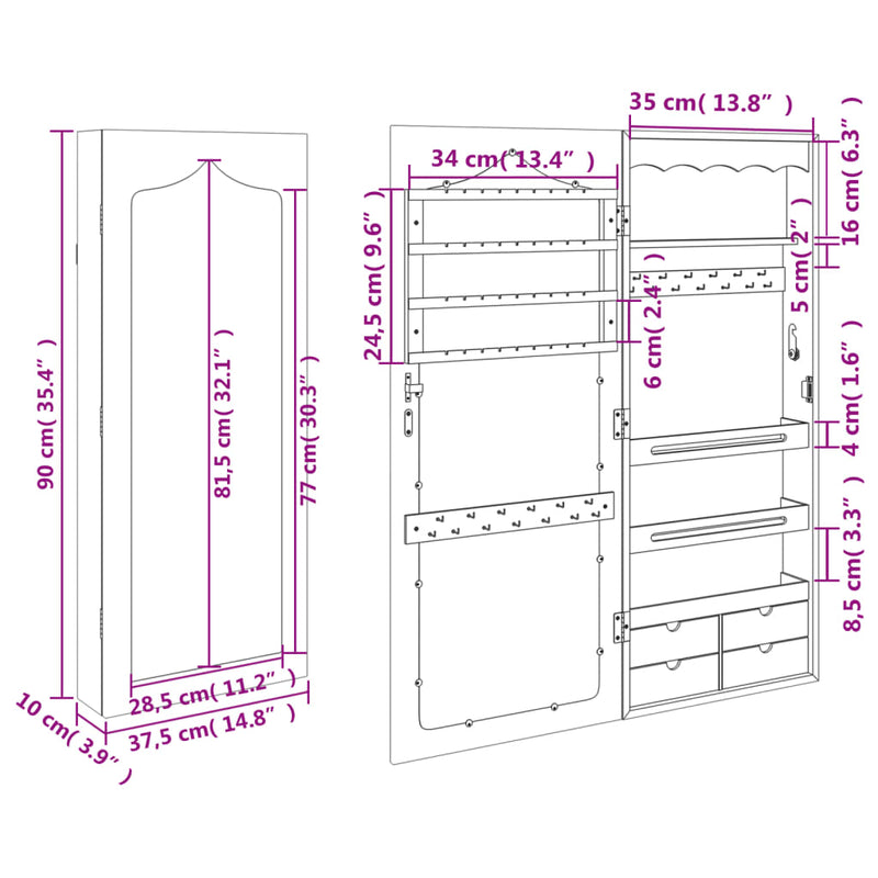 Mirror Jewellery Cabinet Wall Mounted White 37.5x10x90 cm Payday Deals