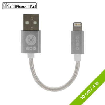 Moki Braided Pocket Lightning SynCharge Cable (Apple Licensed) - 10cm/4" Silver