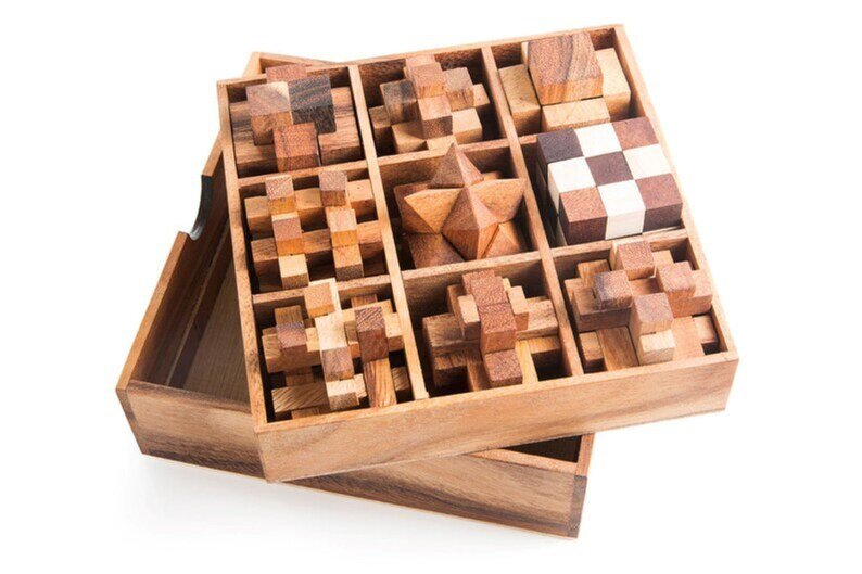 Mothers day gift Wooden brain teaser puzzle gift box - 9 individual mechanical puzzle set in own box Payday Deals