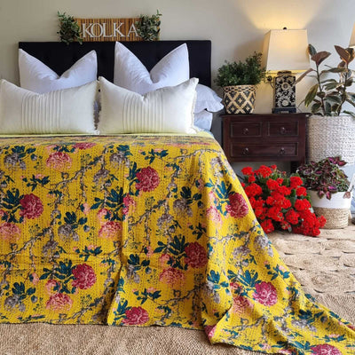 Mustard Peony Kantha Bedspread Coverlet - Mustard (King - 228 cm x 274 cm) Payday Deals