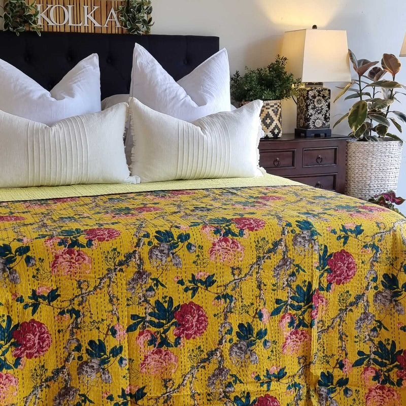 Mustard Peony Kantha Bedspread Coverlet - Mustard (King - 228 cm x 274 cm) Payday Deals