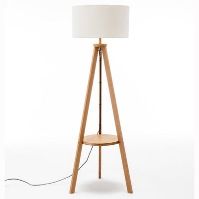 Natural Wooden Tripod Floor Lamp w/ Round Wood Shelf + Off White Linen Shade Payday Deals